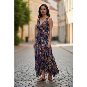 Women's Silk Sleeveless Boho Flowy Maxi Dress Size 6 V Neck Resort Vacation